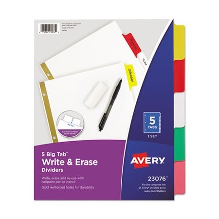 Avery Dennison Avery, WRITE & ERASE BIG TAB PAPER DIVIDERS, 5-TAB, MULTICOLOR, LETTER 23076